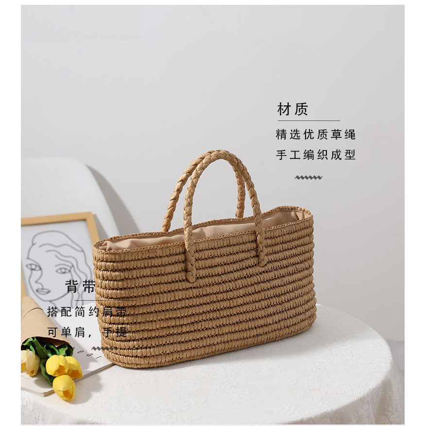 Ielgy Ladies Portable Vegetable Basket Woven Bag Large Capacity Seaside Beach Bag