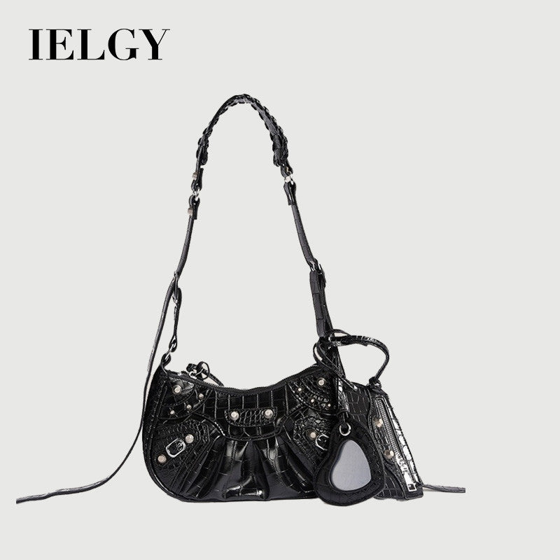 Ielgy Fashion Trendy Motorcycle Bag Underarm Bag Rivet Tassel High-End Feeling Pleated Shoulder Messenger Female Bag