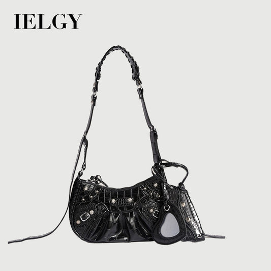 Ielgy Fashion Trendy Motorcycle Bag Underarm Bag Rivet Tassel High-End Feeling Pleated Shoulder Messenger Female Bag