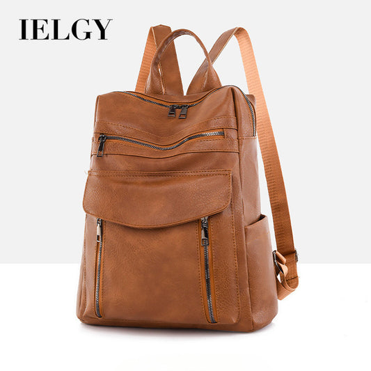 Ielgy Ladies Backpack Simple Fashion Retro Large Capacity PU Travel Backpack