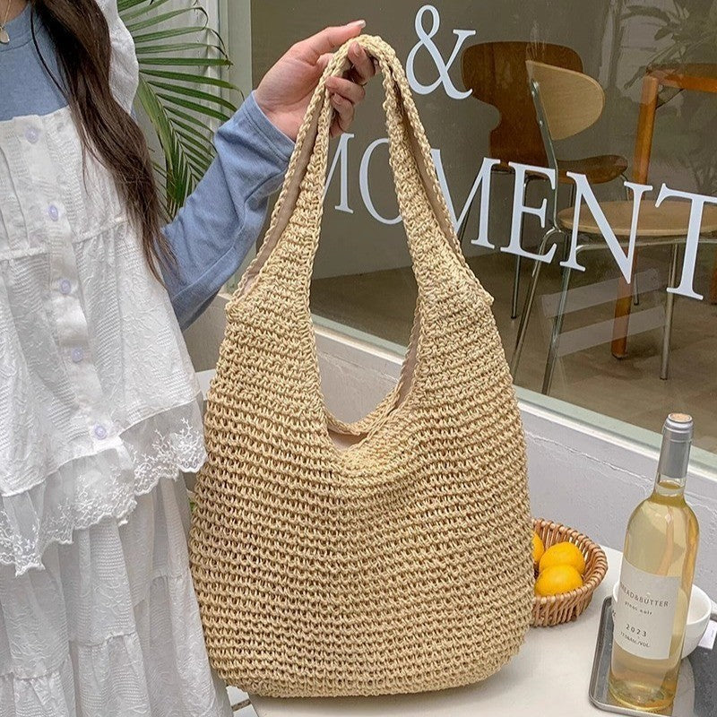 Ielgy Seaside Vacation Straw Bag Beach Bag One Shoulder Mori Style Hand-woven Bag Large Capacity