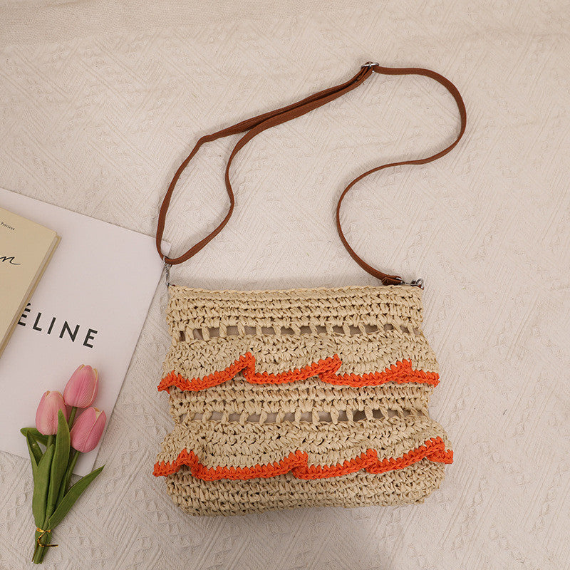 Ielgy Cross-Body Lace Straw Bag Ruffled Colorful Woven Bag Seaside Beach Vacation Bag