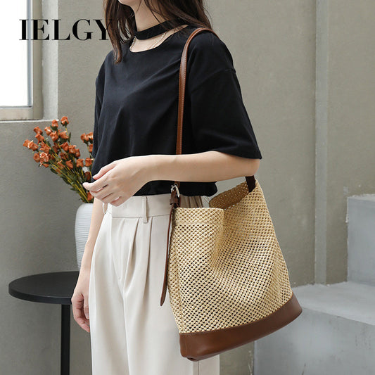 Ielgy Japanese Casual Stitching Child-Mother Bag Vacation Beach Straw Woven One-Shoulder Messenger Fe