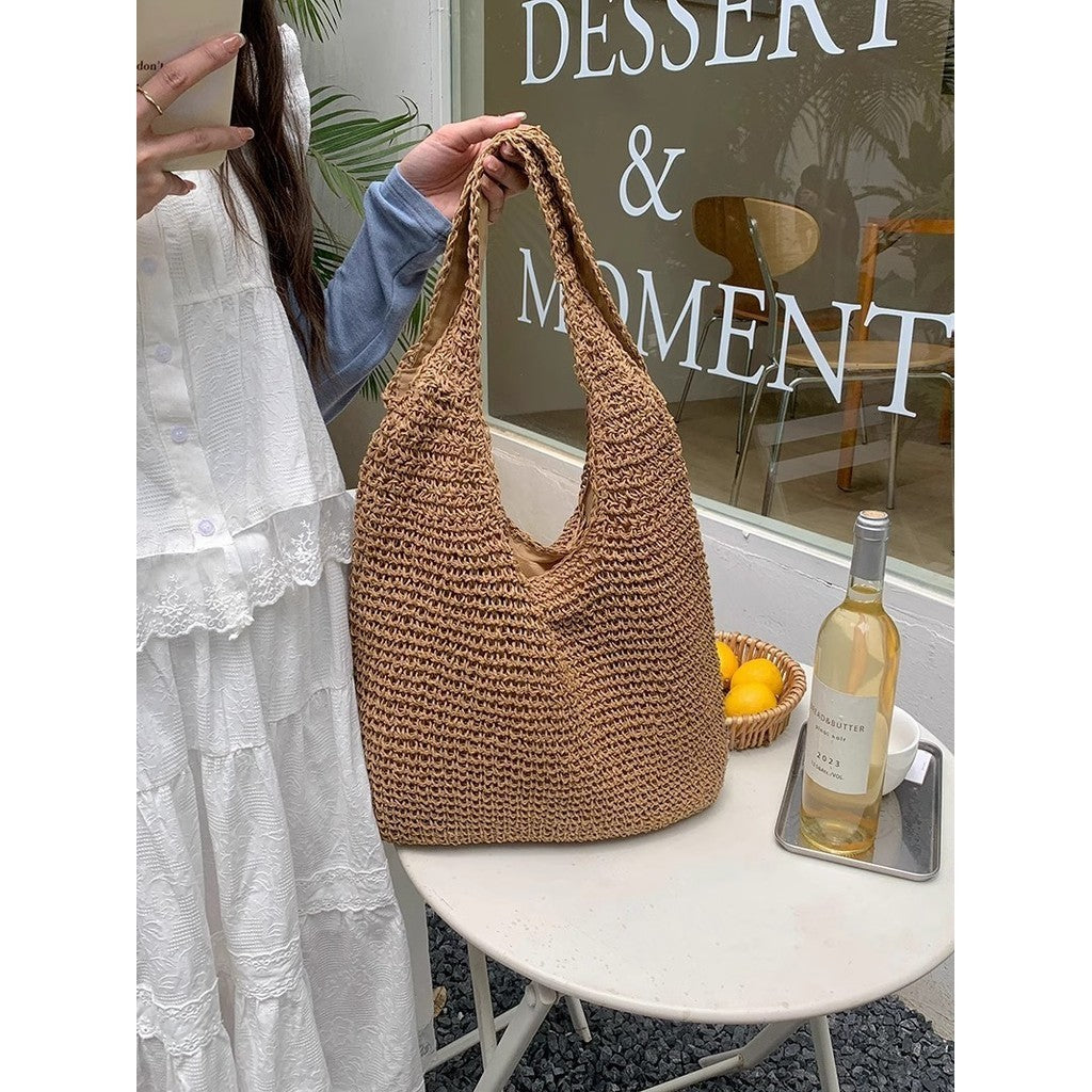 Ielgy Seaside Vacation Straw Bag Beach Bag One Shoulder Mori Style Hand-woven Bag Large Capacity