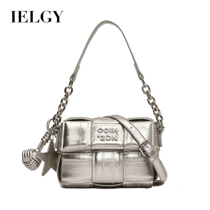 Ielgy All-Match Silver Feel One-Shoulder Messenger Woven Small Square Bag High-End Mobile Phone