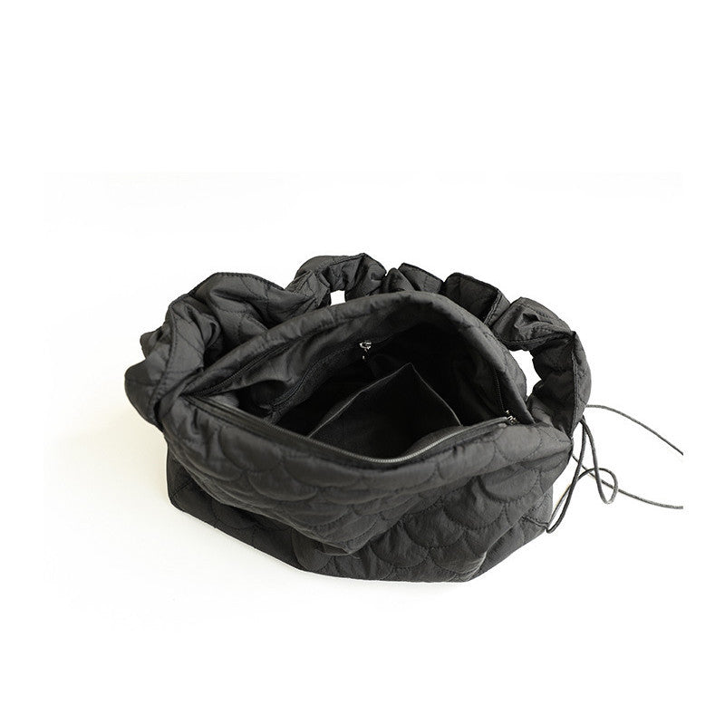 Ielgy Japanese Casual Drawstring Canvas Underarm Bag Fashion Embroidery Thread One Shoulder Pleated Quilted Messenger