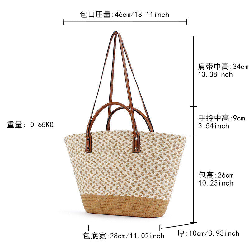 Ielgy Bohemian Style Hand-Woven Bag Seaside Vacation Travel Straw Woven Large Capacity Leisure Simple Commuter Female Bag