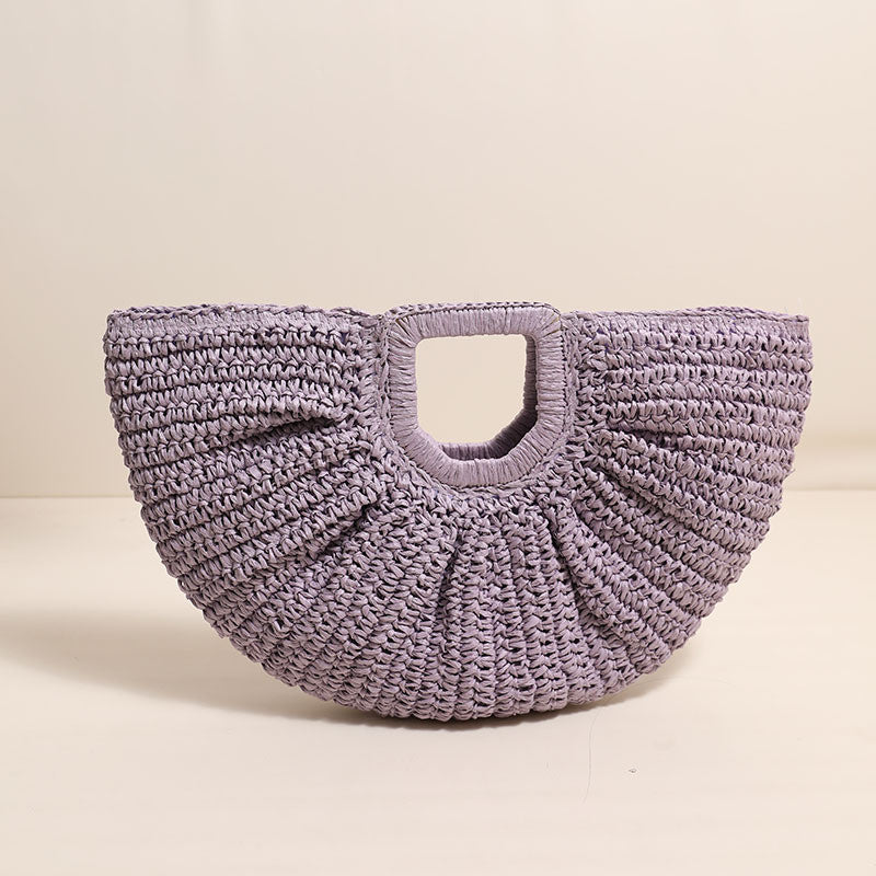 Ielgy All-Match Simple Solid Color Portable Straw Bag Moon Clutch Straw Bag Woven Holiday Style Beach Female Bag
