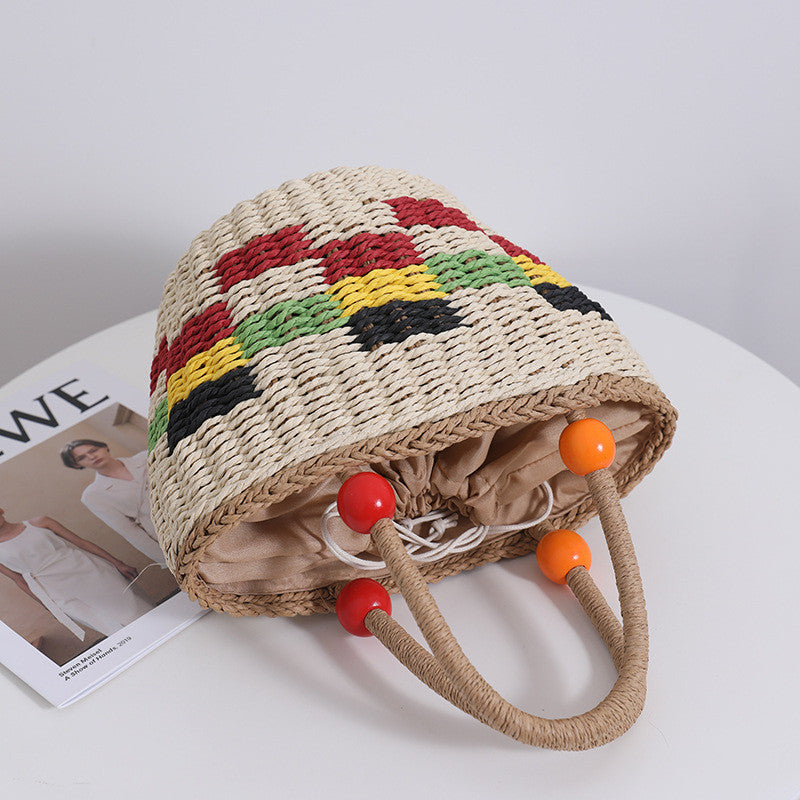 Ielgy Cute Wooden Bead Portable Straw Bag Small Fresh Colorful Lattice Hand-Carrying Woven Bag Fruit Picnic Basket Beach Bag