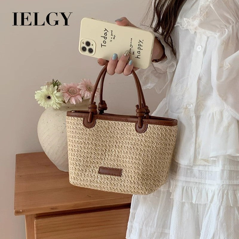 Ielgy Beach Style Portable Woven Small Bag Shoulder Cross-body Vegetable Basket Bucket Straw Bag