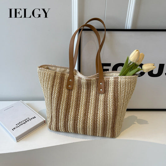 Ielgy Retro Large-Capacity Straw Woven One-Shoulder Texture Woven Beach Vacation Tote Bag