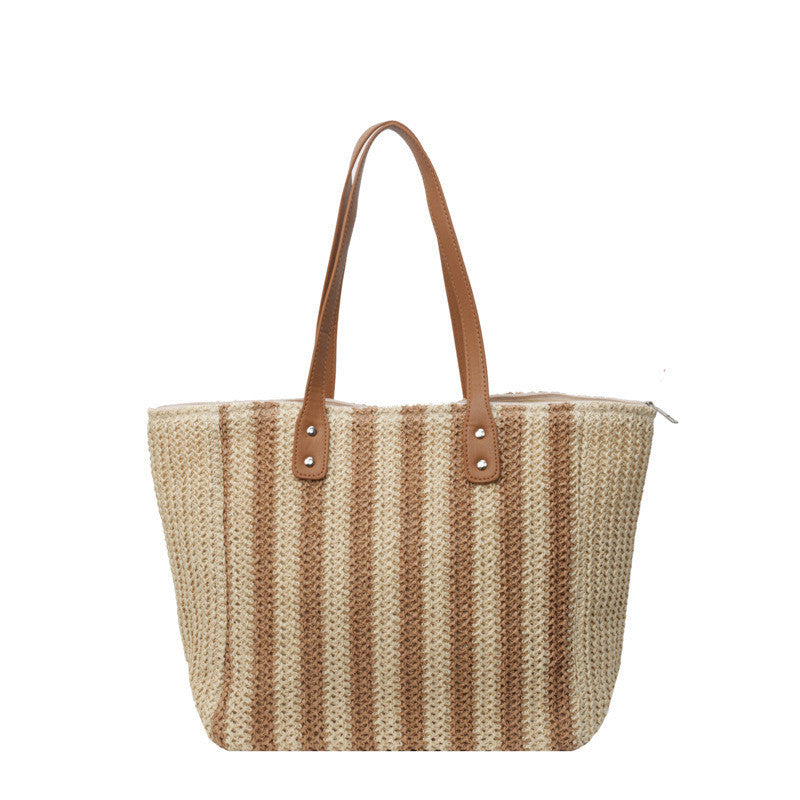 Ielgy Retro Large-Capacity Straw Woven One-Shoulder Texture Woven Beach Vacation Tote Bag