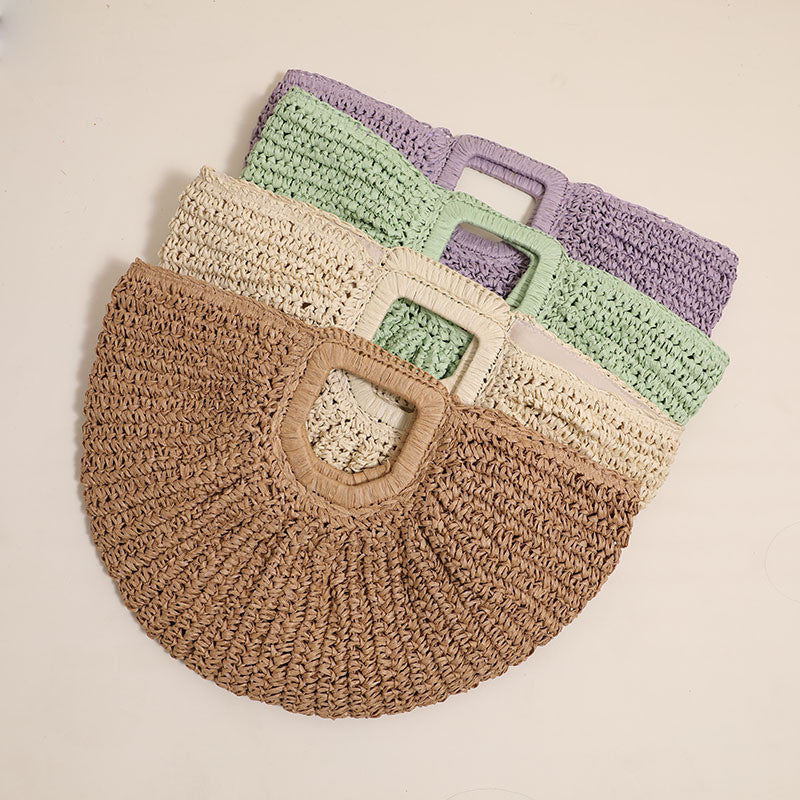 Ielgy All-Match Simple Solid Color Portable Straw Bag Moon Clutch Straw Bag Woven Holiday Style Beach Female Bag