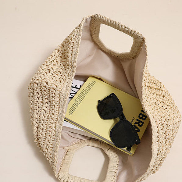 Ielgy All-Match Simple Solid Color Portable Straw Bag Moon Clutch Straw Bag Woven Holiday Style Beach Female Bag