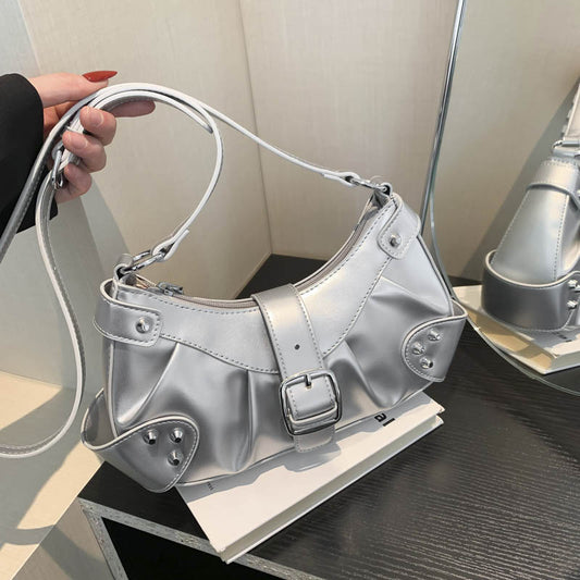 Ielgy Folded Motorcycle Style One-Shoulder Underarm Silver Bag Ladies Fashion Commuter Diagonal Small Square Bag