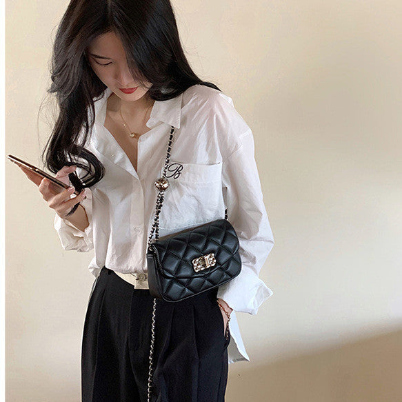 Ielgy Ladies Black Diamond Small Golden Ball Chain Small Square Bag Fashionable All-Match Shoulder Messenger Bag