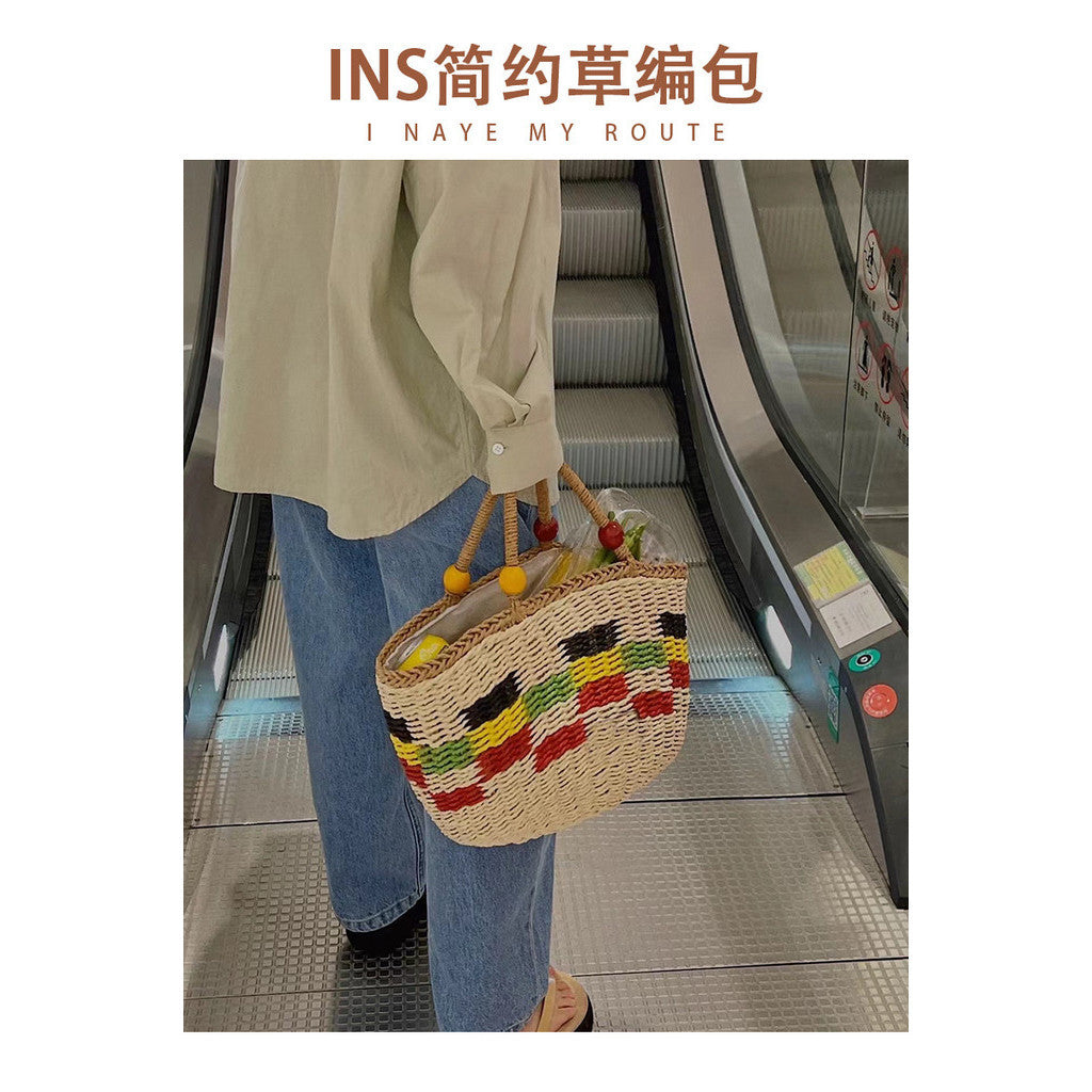Ielgy Cute Wooden Bead Portable Straw Bag Small Fresh Colorful Lattice Hand-Carrying Woven Bag Fruit Picnic Basket Beach Bag