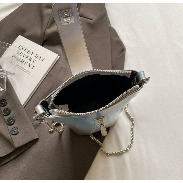 Ielgy Korean Version Casual Silver Bucket Bag Fashion Simple Shoulder Ladies Cross-body Mobile Phone Bag