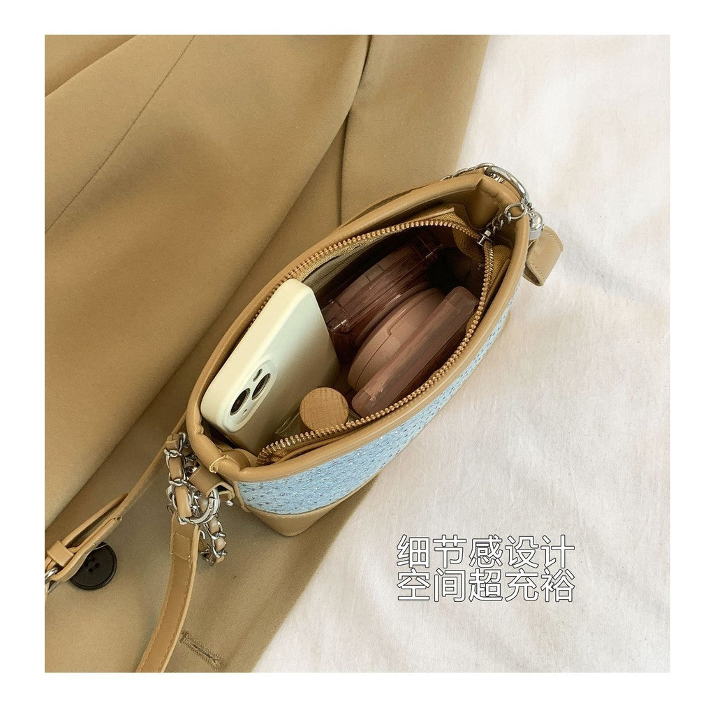 Ielgy Contrast Color Denim Bag All-Match Chain Cross-Body Bucket Bag