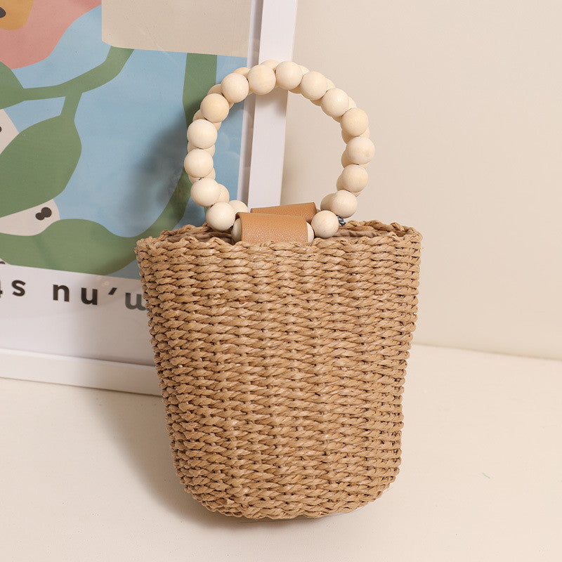 Ielgy Cute Beaded Portable Straw Bucket Bag Hand-Carrying Straw Bag Vacation Style Beach Woven Bag All-Match