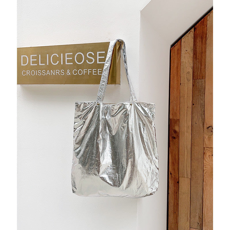 Ielgy Korean Version Casual Retro Tin Foil Handbag Fashion Nylon Solid Color Literary Platinum Shoulder Bag