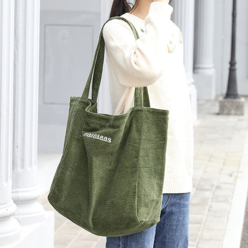 Ielgy Japanese Casual Literary Handbag Letter Embroidery Canvas Shopping Bag Fashion Corduroy Shoulder Bag