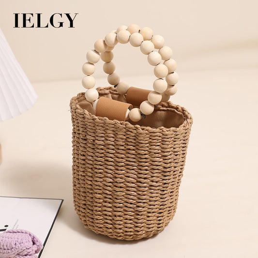 Ielgy Cute Beaded Portable Straw Bucket Bag Hand-Carrying Straw Bag Vacation Style Beach Woven Bag All-Match