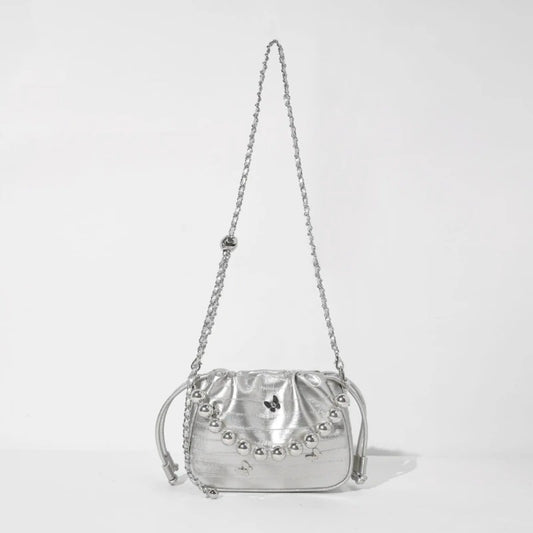 Ielgy Simple Fashion Bucket Female Bag Silver Shoulder Messenger Bag Drawstring Butterfly Eel Portable Small Square Bag