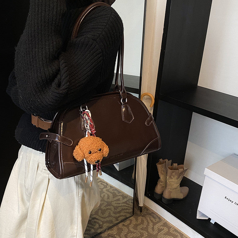 Ielgy Retro Oil Wax Leather Bowling Bag Large Capacity Underarm Pillow Bag High-End Handbag