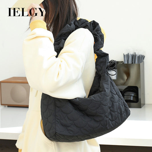 Ielgy Japanese Casual Drawstring Canvas Underarm Bag Fashion Embroidery Thread One Shoulder Pleated Quilted Messenger