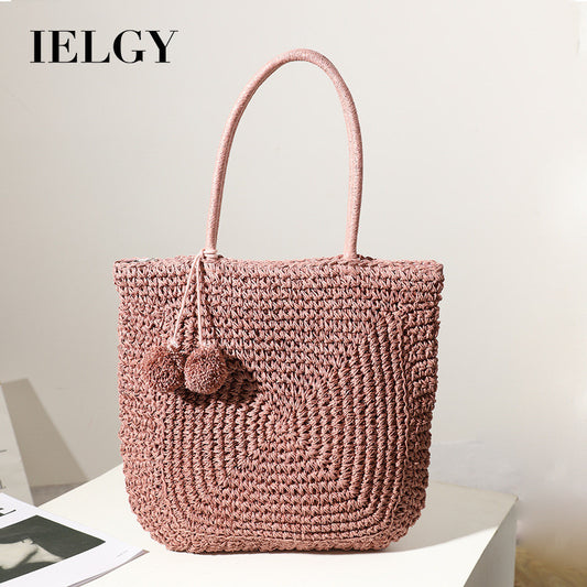 Ielgy Cute Fur Ball Straw Bag All-Match Large-Capacity Hand-Woven One-Shoulder Portable Be