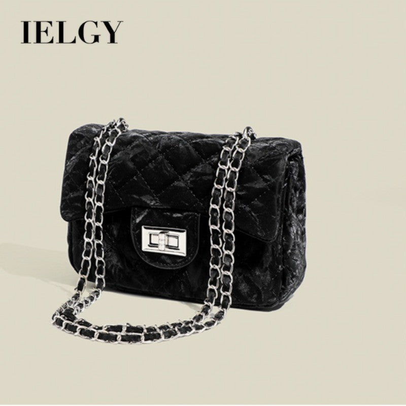 Ielgy Korean Style High-End Chain Small Square Bag Shoulder Crossbody Black Fashion Bag