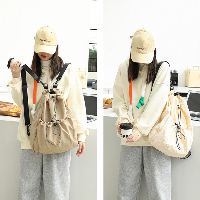 Ielgy Korean Version Casual Literary Canvas Backpack Fashion Nylon Large Capacity School Bag Drawstring Pleated Backpack