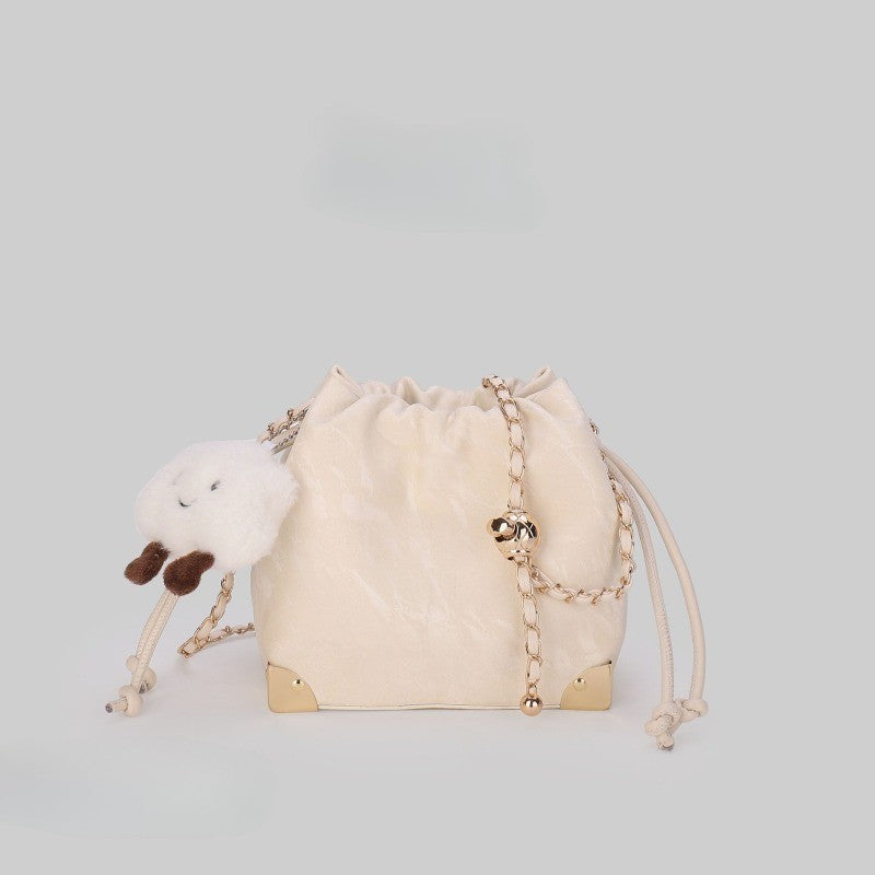 Ielgy Fashion Drawstring All-Match Cross-Body Bucket Bag Pink, White, Black Chain Drawstring Bag