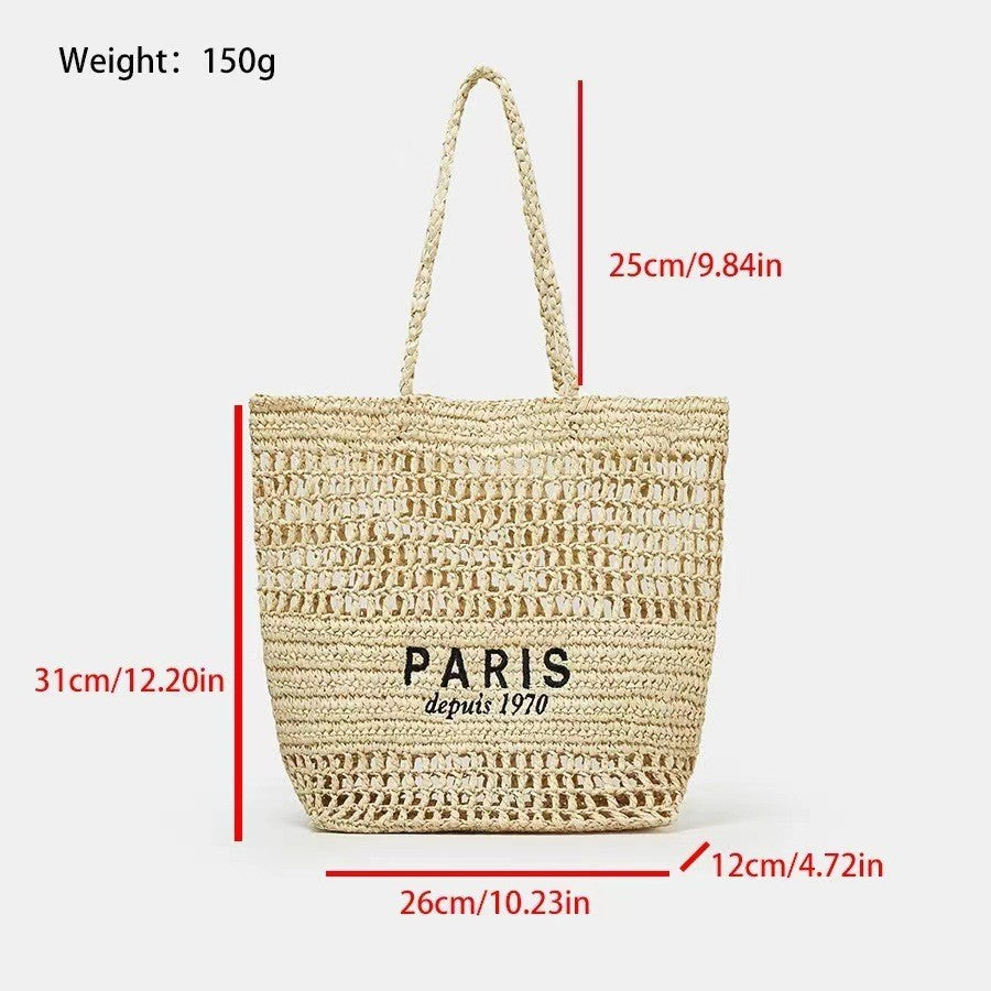 Ielgy Letter Embroidery One-Shoulder Straw Bag All-Match Large-Capacity Woven Vacation Beach Female Bag