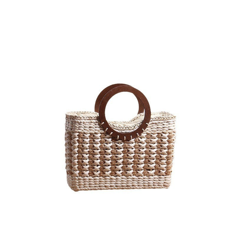 Ielgy Ladies Retro Striped Straw Bag Mori Series Large Capacity Vacation Rattan Beach Bag