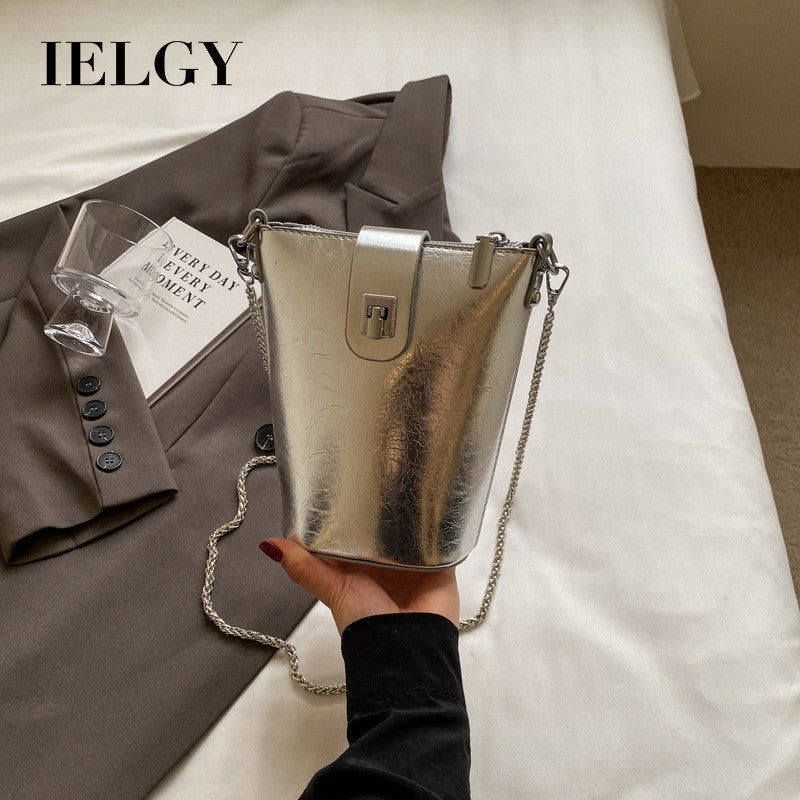 Ielgy Korean Version Casual Silver Bucket Bag Fashion Simple Shoulder Ladies Cross-body Mobile Phone Bag