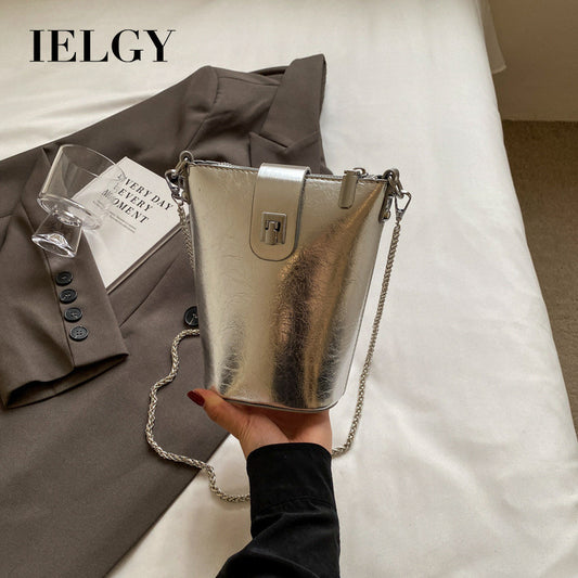 Ielgy Korean Version Casual Silver Bucket Bag Fashion Simple Shoulder Ladies Cross-body Mobile Phone Bag