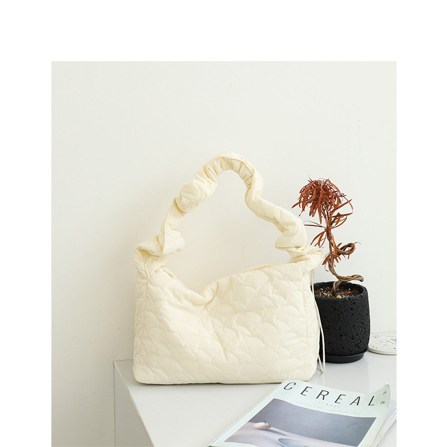 Ielgy Japanese Casual Drawstring Canvas Underarm Bag Fashion Embroidery Thread One Shoulder Pleated Quilted Messenger
