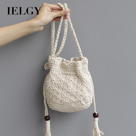 Ielgy Korean Version Cotton Thread Tassel Drawstring Bucket Bag Simple Straw Beach One-Shoulder Woven Mini Messenger Female Bag