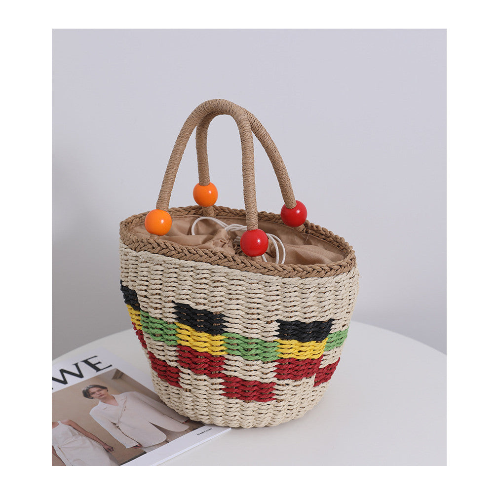 Ielgy Cute Wooden Bead Portable Straw Bag Small Fresh Colorful Lattice Hand-Carrying Woven Bag Fruit Picnic Basket Beach Bag