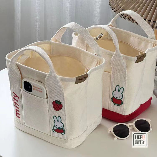 Ielgy Cartoon Strawberry Rabbit Embroidered Canvas Bag Outing Hand Bag Lunch Bag Office Worker Portable Storage Bag