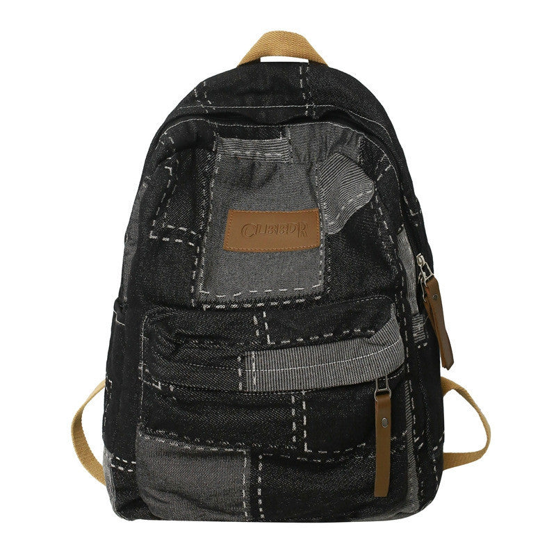 Ielgy Korean Version Lazy Style Denim Schoolbag Preppy Style Student Backpack Washed Retro Stitching Denim Backpack