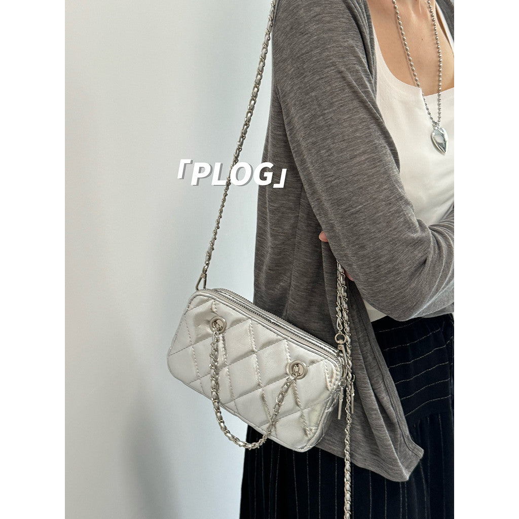 Ielgy Korean Style Textured Diamond Embroidered Small Golden Ball Chain Bag Double Zipper Compartment Female Bag