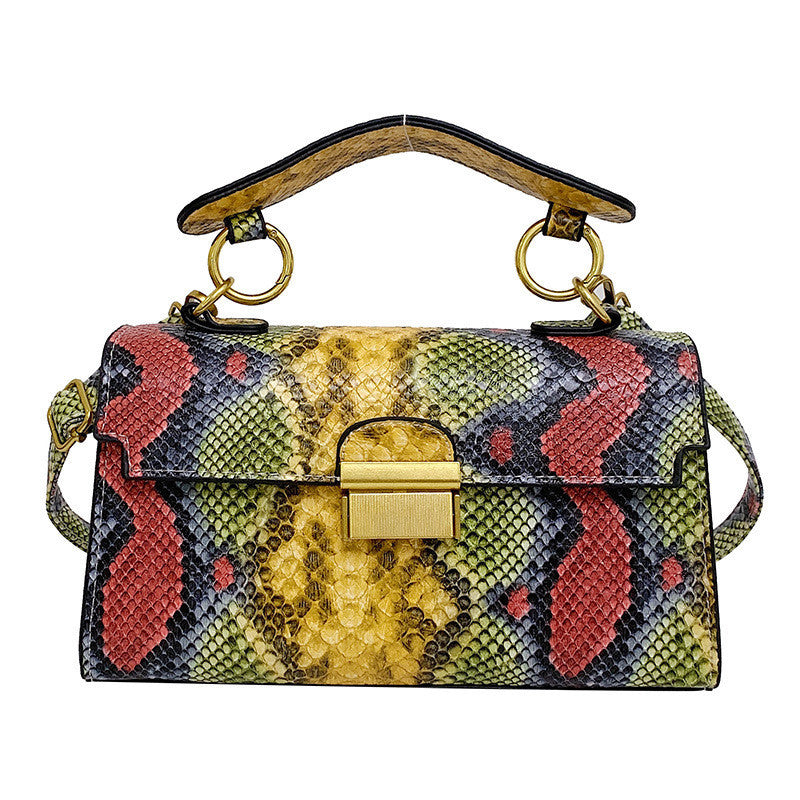 Ielgy Ladies Commuter Shoulder Small Square Bag Contrast Color Snake Pattern Chain Underarm Diagonal Bag
