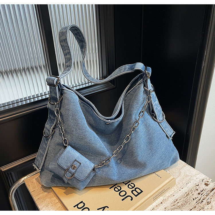 Ielgy Canvas Large Capacity Casual Retro Denim Underarm Bag Commuter Tote Bag
