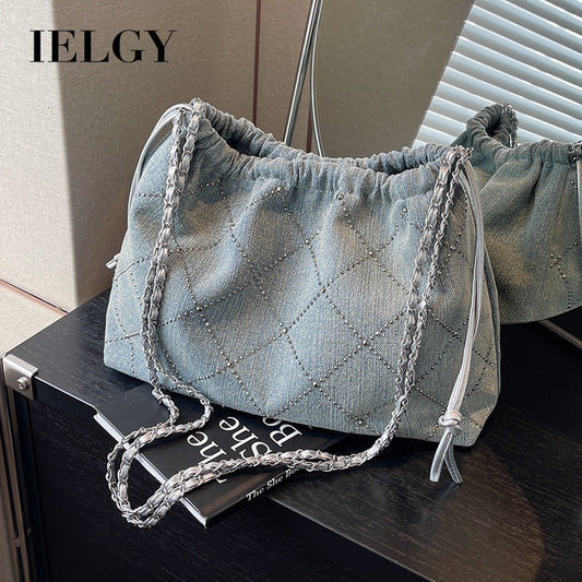 Ielgy Denim Bag Female Large Capacity Casual Fashion Chain Crossbody Bucket Bag