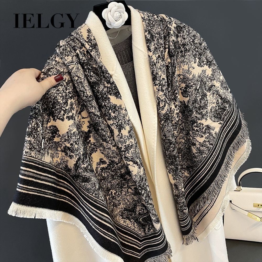 Ielgy Autumn Winter Animal Pattern Jacquard Large Square Scarf Imitation Cashmere Shawl All-Match Thickened