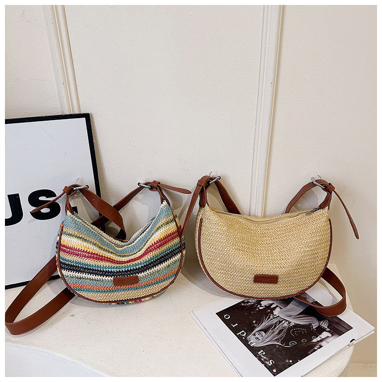 Ielgy Summer Niche Contrast Color Dumpling Bag Fashion One-Shoulder Messenger Bag Casual Woven Women's Bag