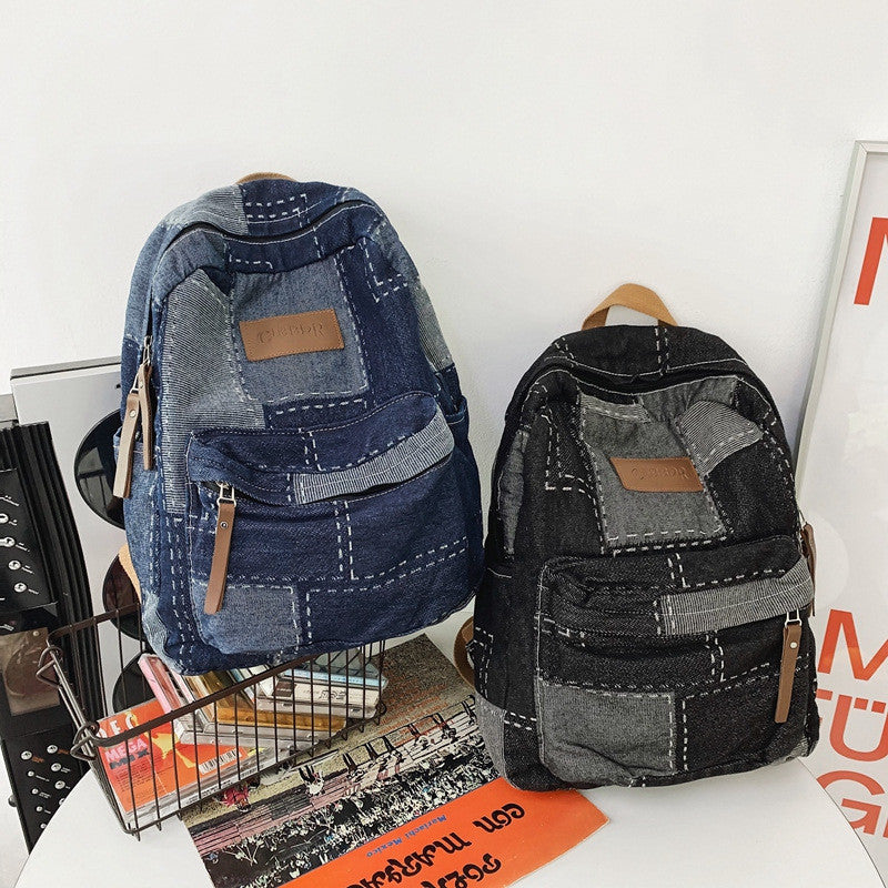 Ielgy Korean Version Lazy Style Denim Schoolbag Preppy Style Student Backpack Washed Retro Stitching Denim Backpack